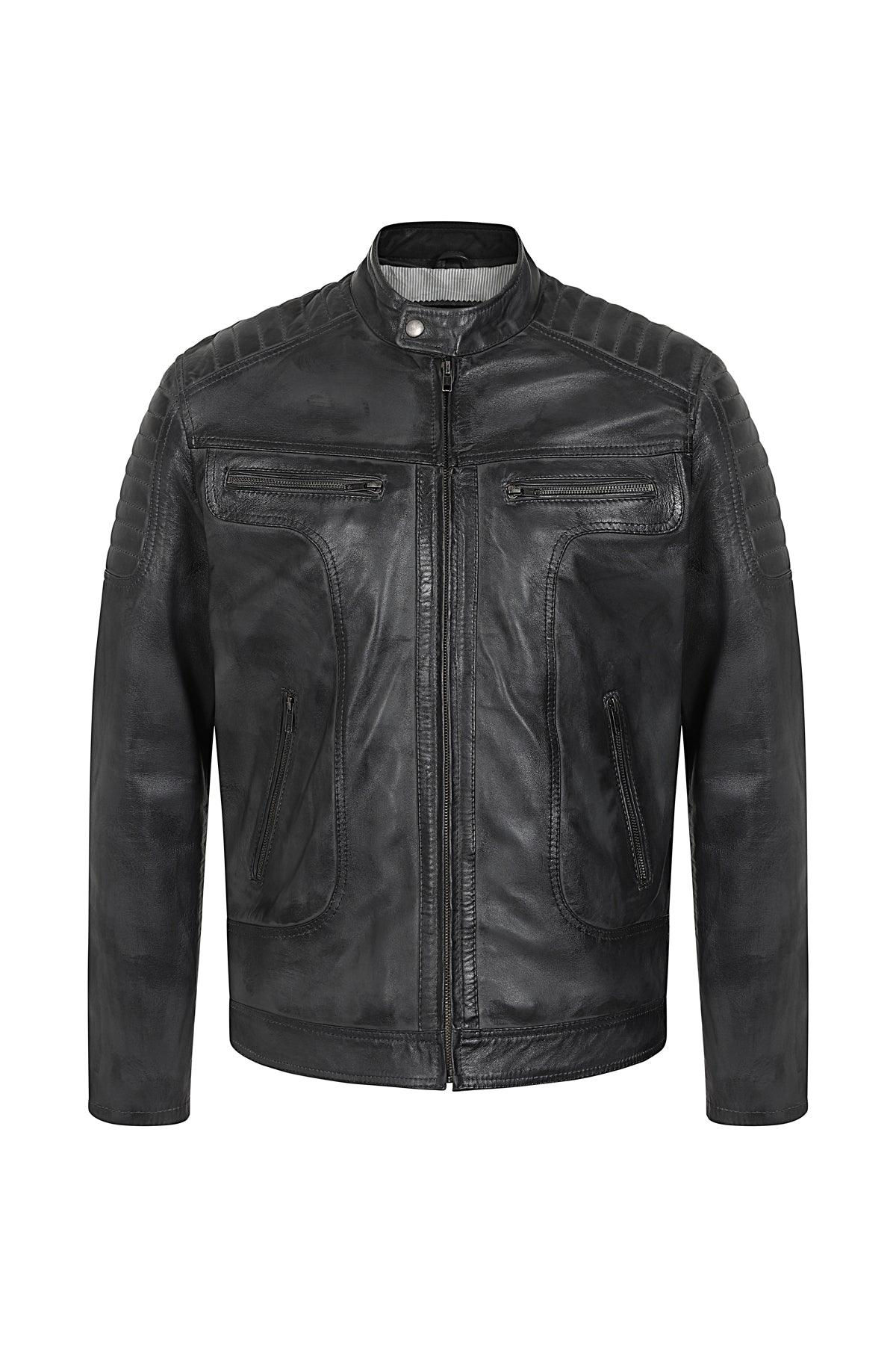 CHARLIE Men's Grey Nappa Leather Racer Biker Jacket - Lightweight