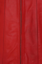 Women's Quality Red Leather Hip Length Coat with Fur Trimmed Detachable Hood - 'CARLA'