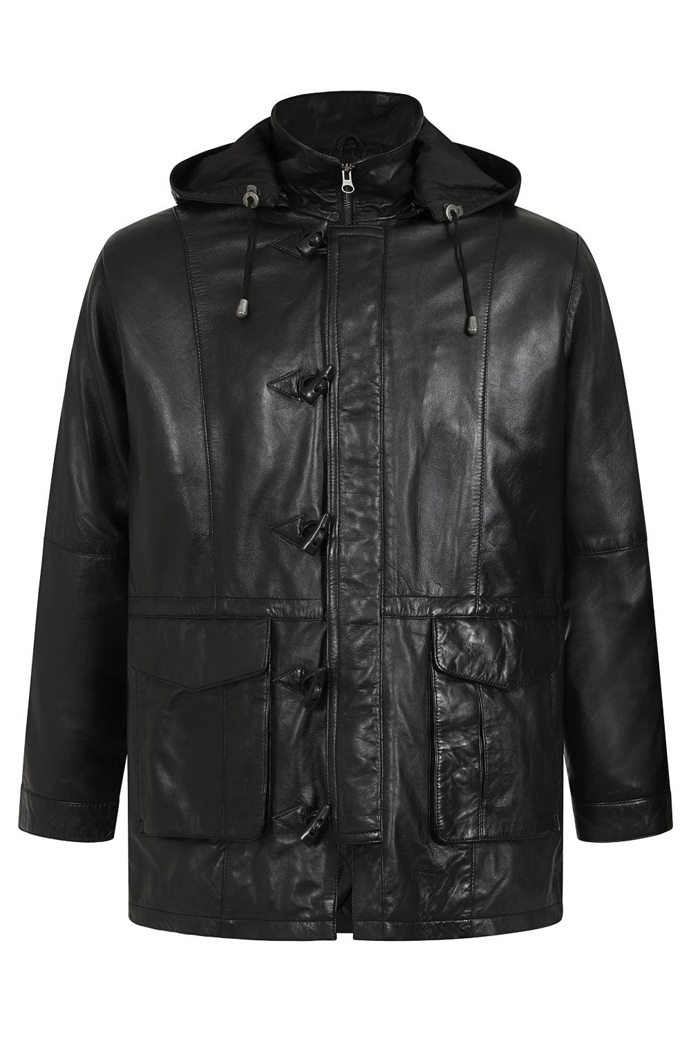 Men's Premium Lamb Nappa Leather Duffle Coat - Black with Hood