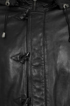 Men's Premium Lamb Nappa Leather Duffle Coat - Black with Hood