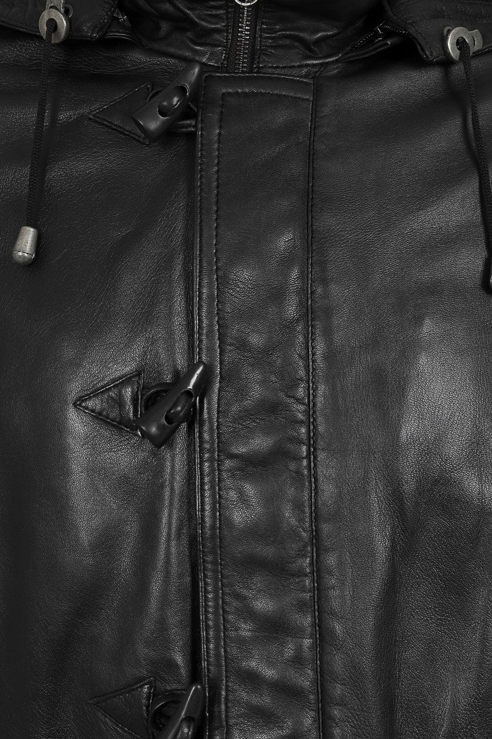 Men's Premium Lamb Nappa Leather Duffle Coat - Black with Hood