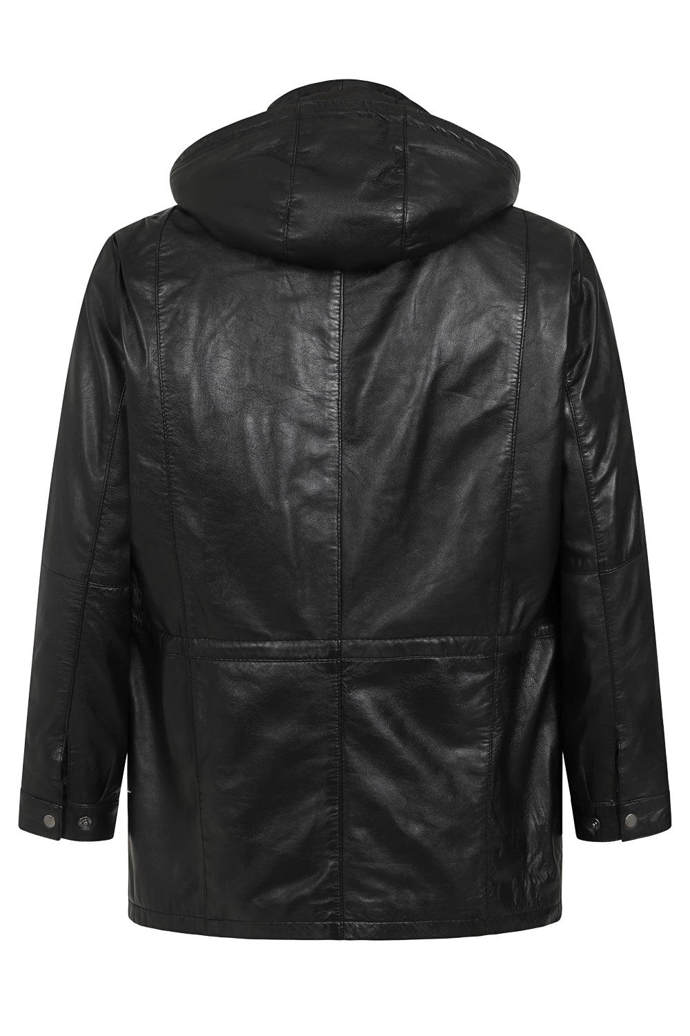 Men's Premium Lamb Nappa Leather Duffle Coat - Black with Hood