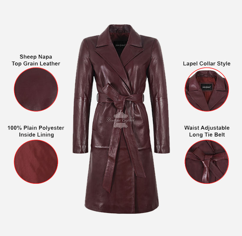 MISTRIELLE Tie Belt Leather Coat for Women