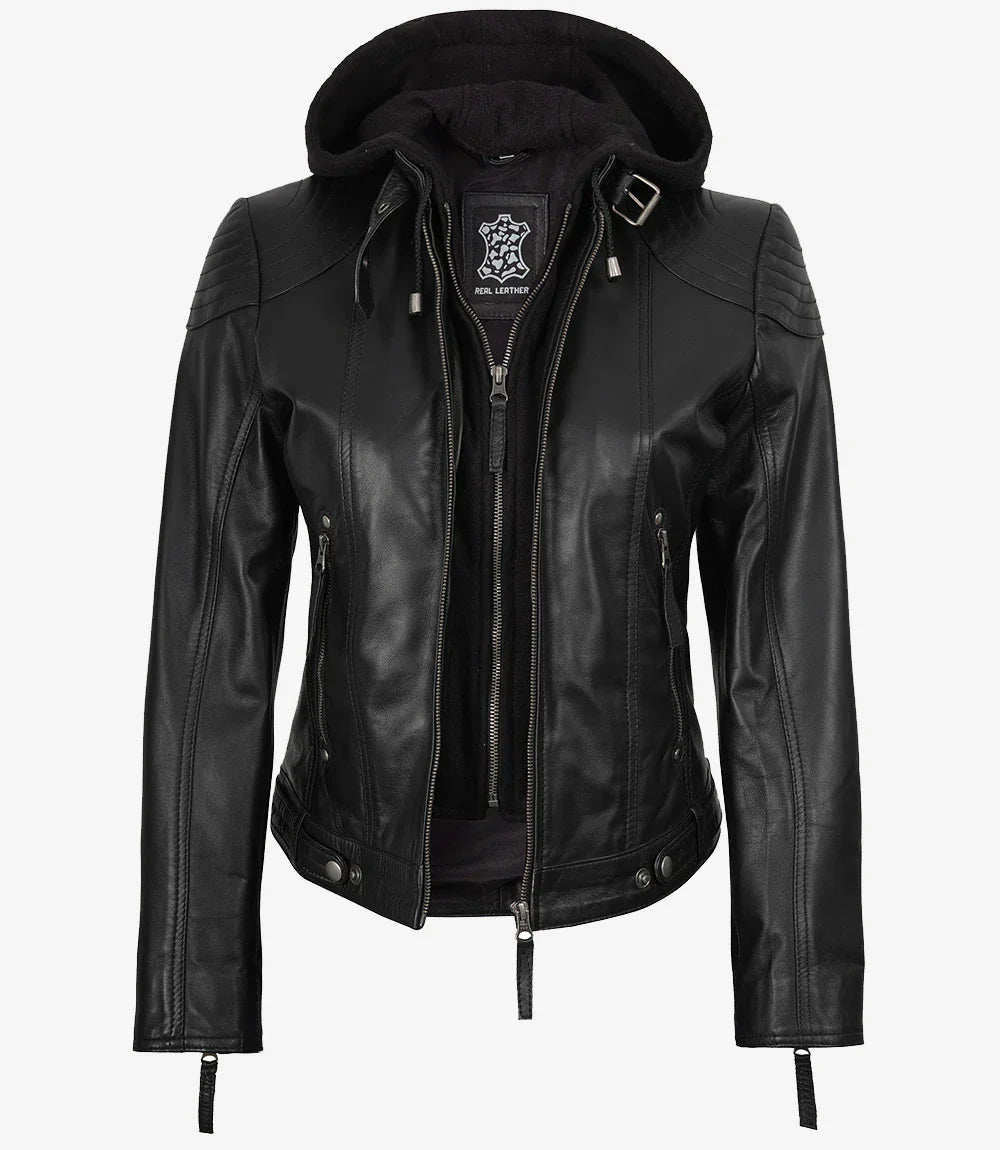 Women's Black Leather Jacket With Removable Hood