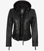 Women's Black Leather Jacket With Removable Hood