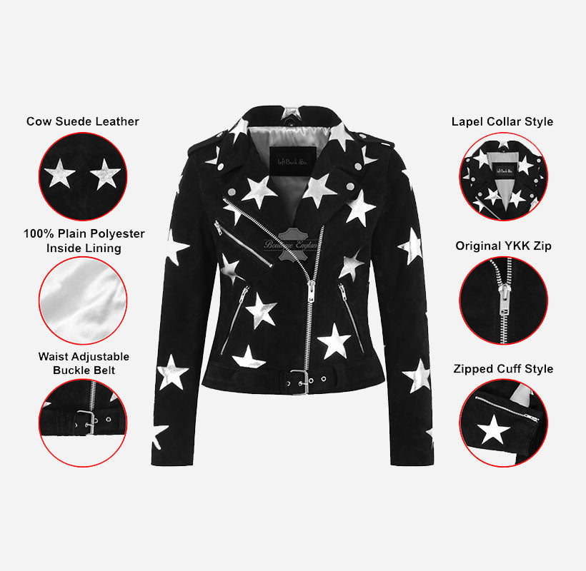 BRANDO STAR Suede Biker Jacket with Silver Star Accents