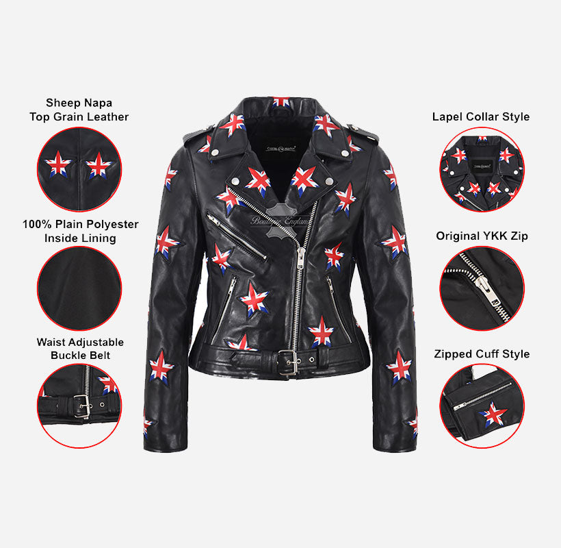 UNION STAR Women's Biker Leather Jacket with Stars
