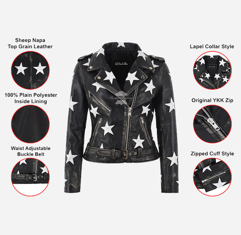 BRANDO Women's Black Biker Leather Jacket with White Stars