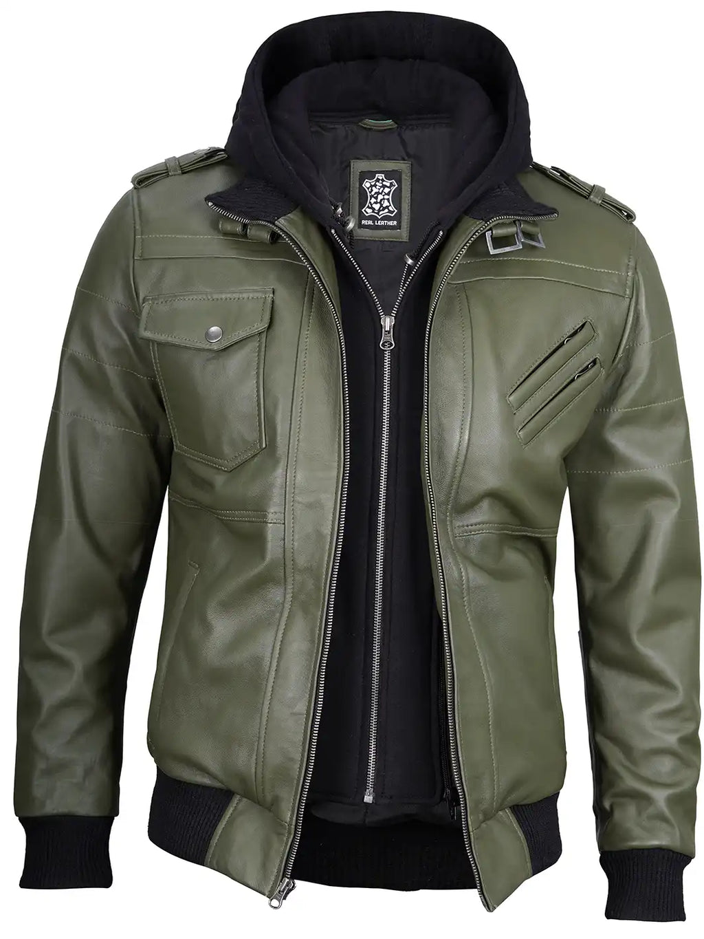 Men's Military Green Leather Jacket with Removable Hood