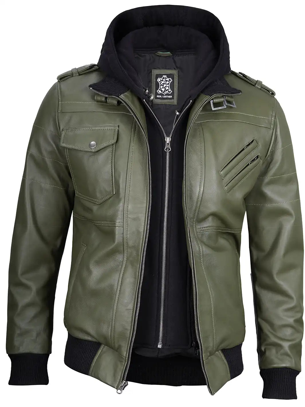 Men's Military Green Leather Jacket with Removable Hood