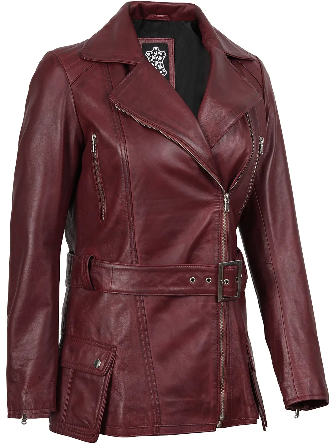 Women's Burgundy Asymmetrical Biker Style Real Leather Jacket