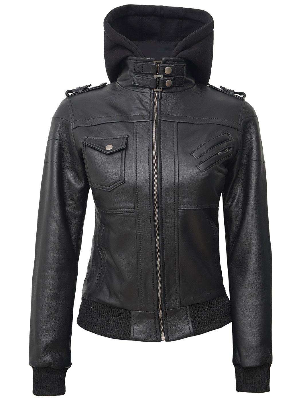 Tall Women's Bomber Black Leather Jacket with Removable Hood