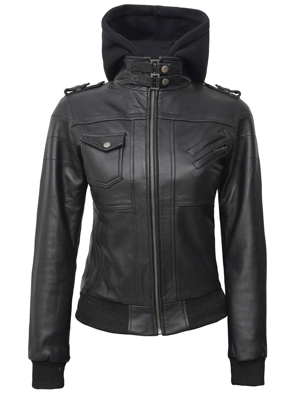 Petite Women's Bomber Black Leather Jacket with Removable Hood