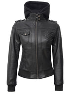 Petite Women's Bomber Black Leather Jacket with Removable Hood