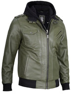 Men's Military Green Leather Jacket with Removable Hood