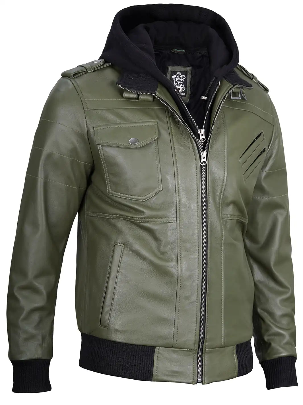 Men's Military Green Leather Jacket with Removable Hood
