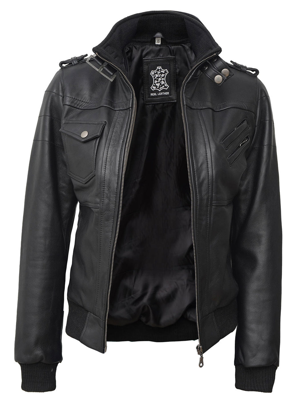 Petite Women's Bomber Black Leather Jacket with Removable Hood