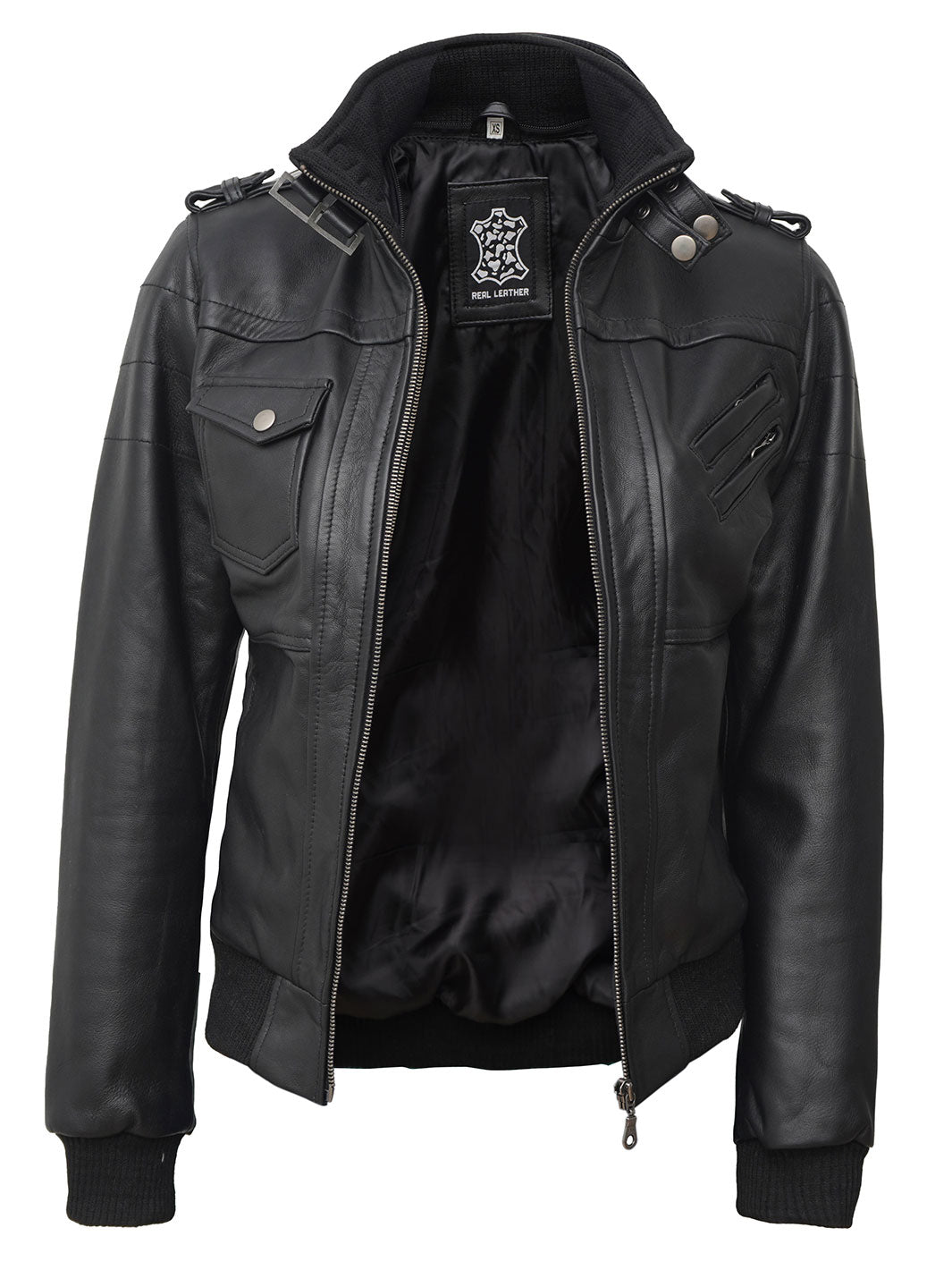 Petite Women's Bomber Black Leather Jacket with Removable Hood