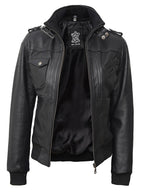 Tall Women's Bomber Black Leather Jacket with Removable Hood