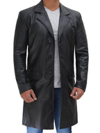 Men's Long Black Real Cowhide Leather Trench Coat