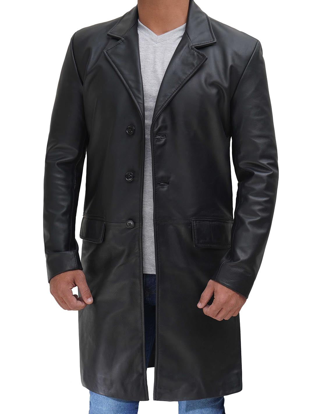Men's Long Black Real Cowhide Leather Trench Coat