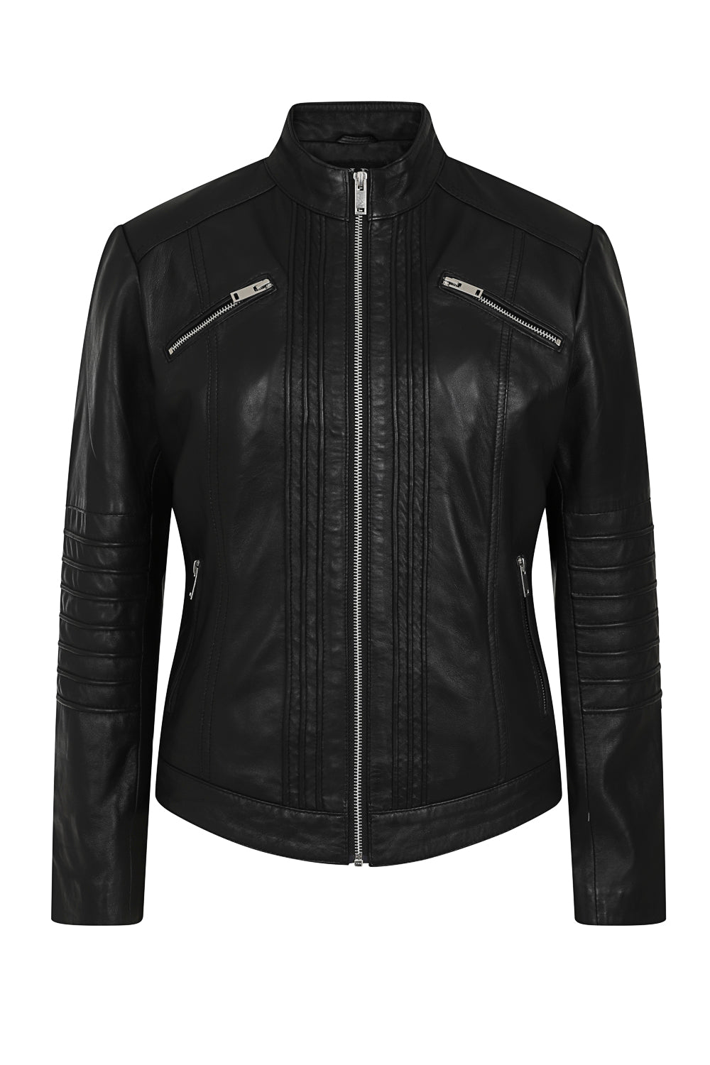 ALMA Black Lamb Nappa Leather Biker Jacket - Stand Up Collar