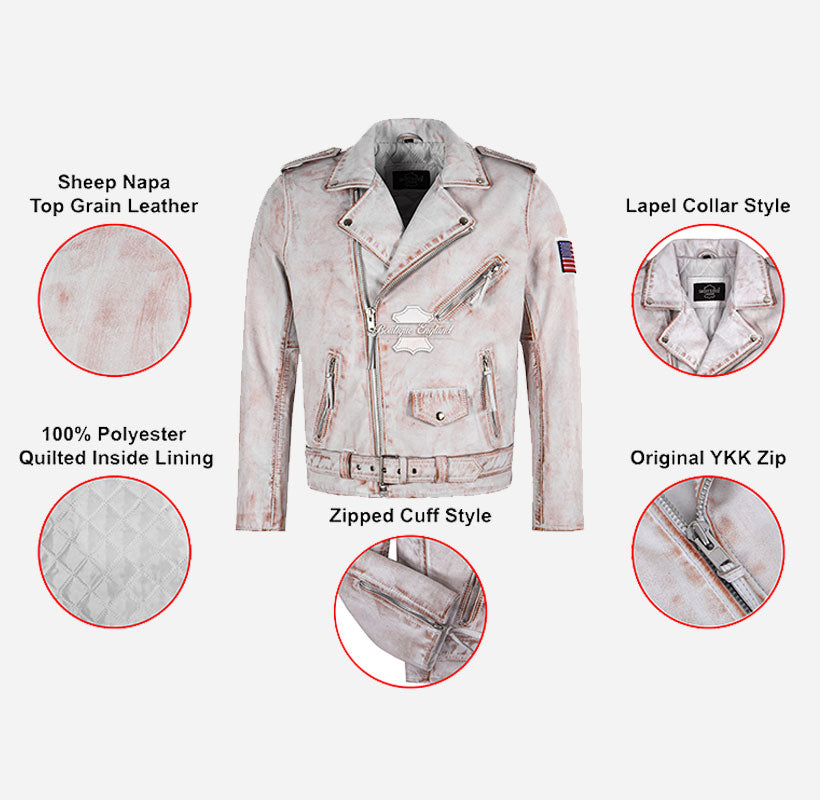 MBF USA FLAG Men's Leather Biker Jacket White Rustic Waxed Effect