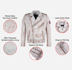 MBF USA FLAG Men's Leather Biker Jacket White Rustic Waxed Effect