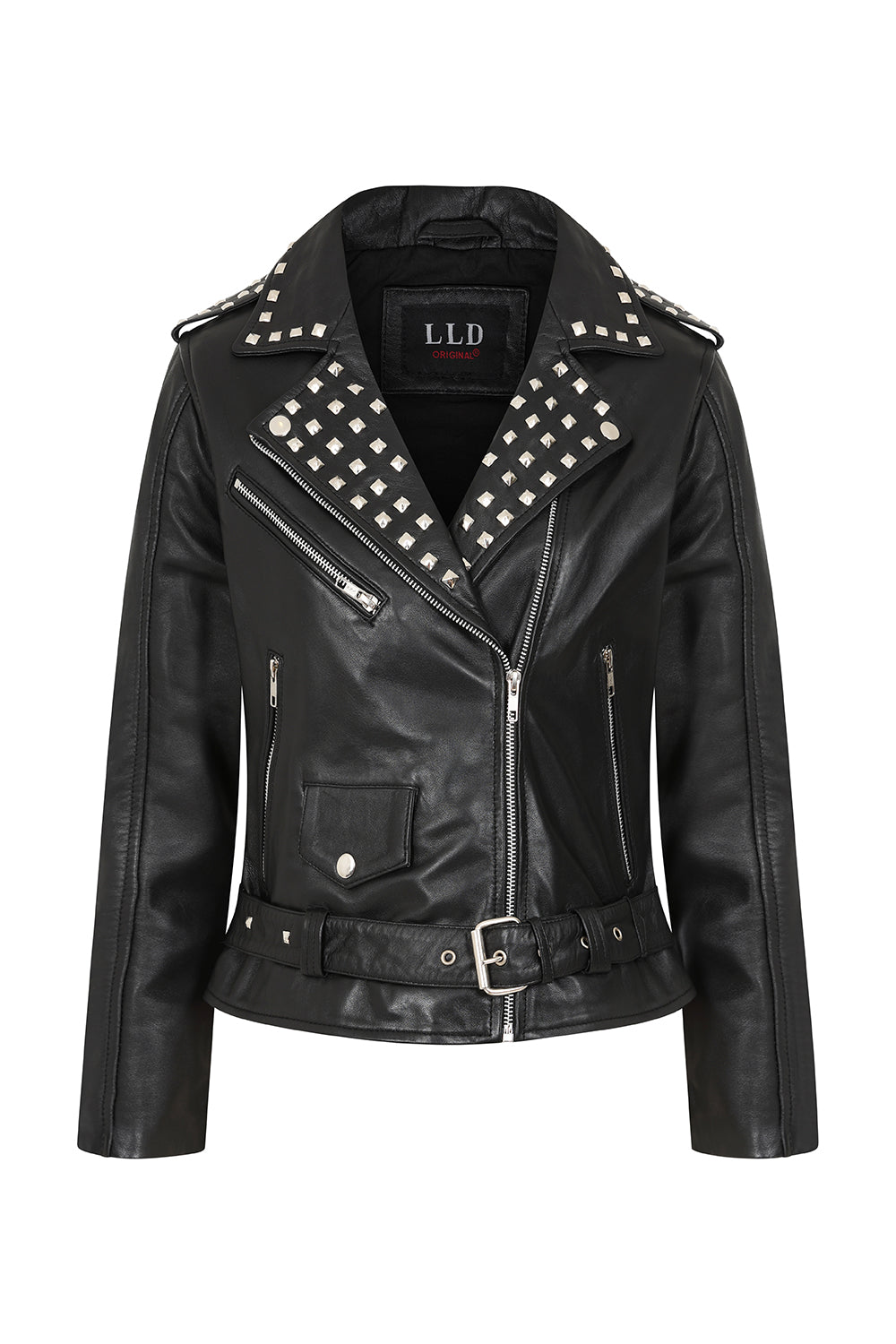 Women's Black Nappa Leather Rock Chic Jacket Red Lining - Tatiana 1