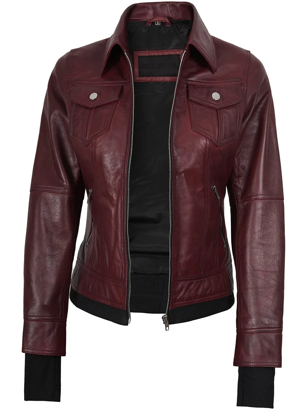 Tralee Women's Maroon Bomber Leather Jacket with Hood