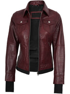 Tralee Women's Maroon Bomber Leather Jacket with Hood