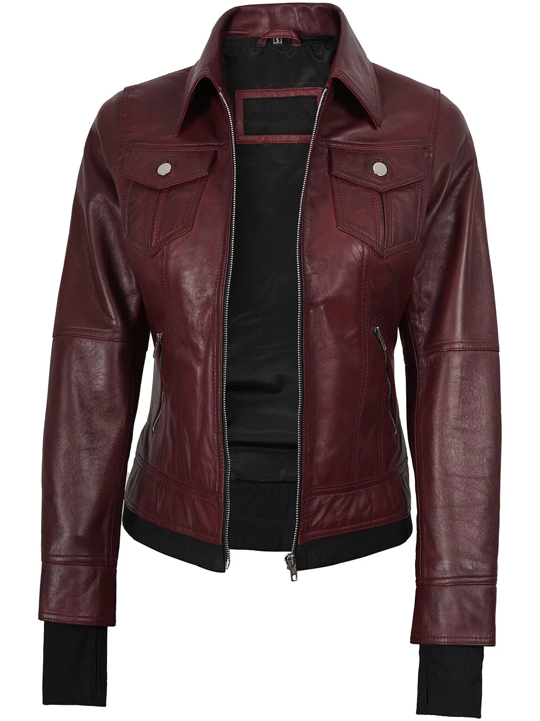 Tralee Women's Maroon Bomber Leather Jacket with Hood
