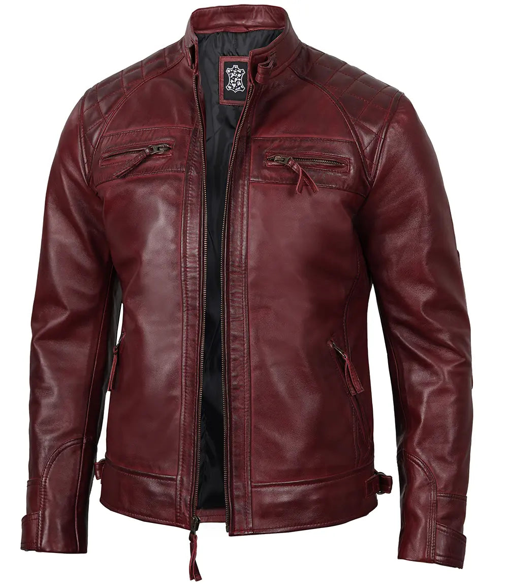 Tall Men's Real Leather Burgundy Biker Style Jacket