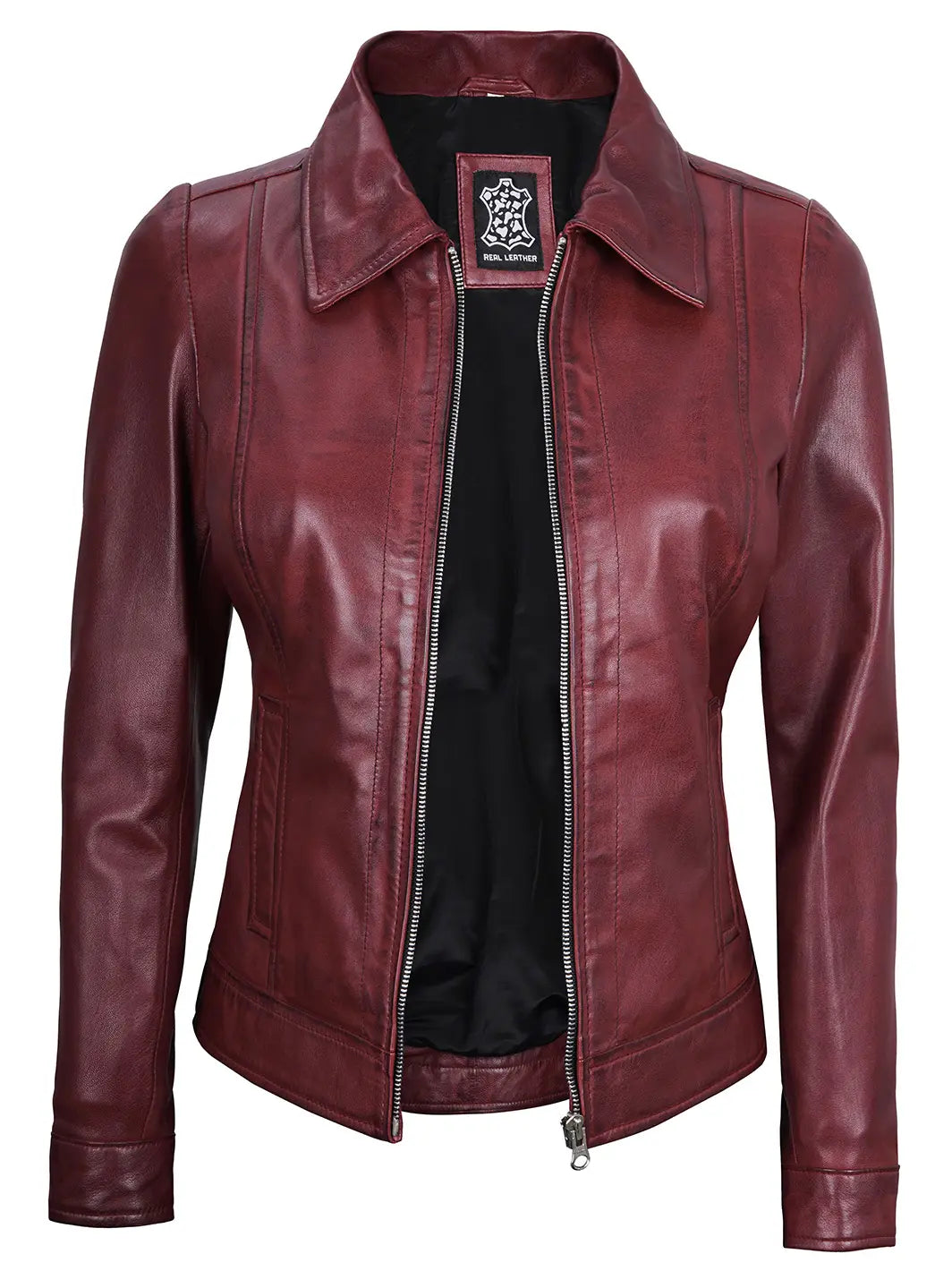 Women's Burgundy Harrington Real Leather Jacket