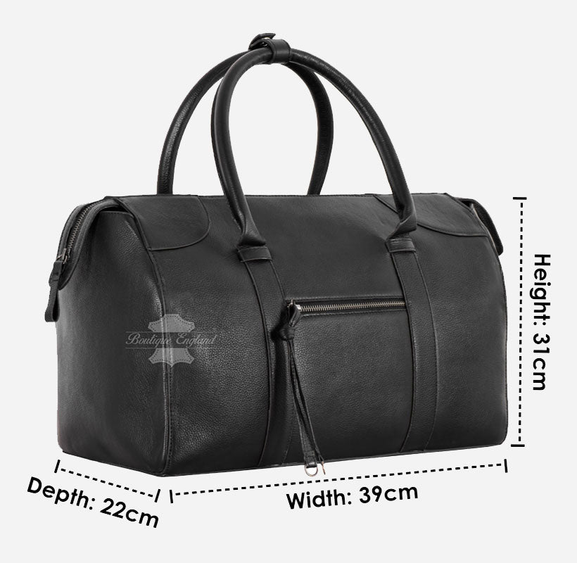 Large Leather Holdall Black - Weekend Duffel Travel Gym Bag