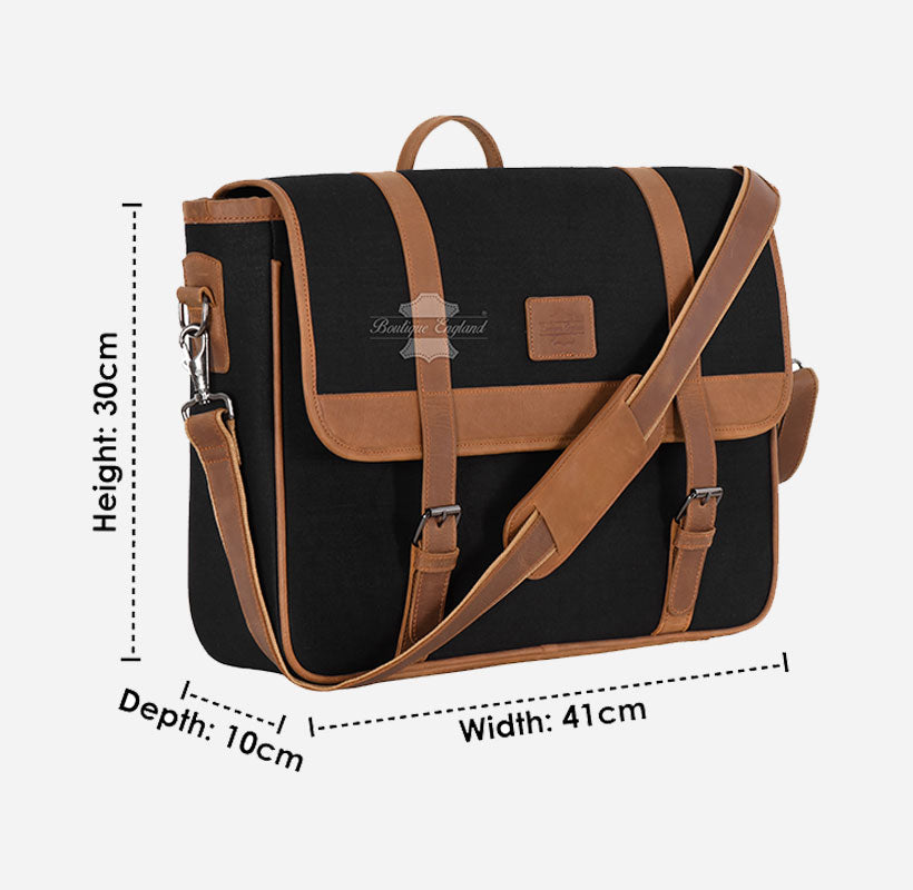 Black Canvas Messenger Bag with Leather Detailing Laptop-Friendly Work Satchel