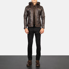 Hector Vintage Brown Hooded Leather Biker Jacket