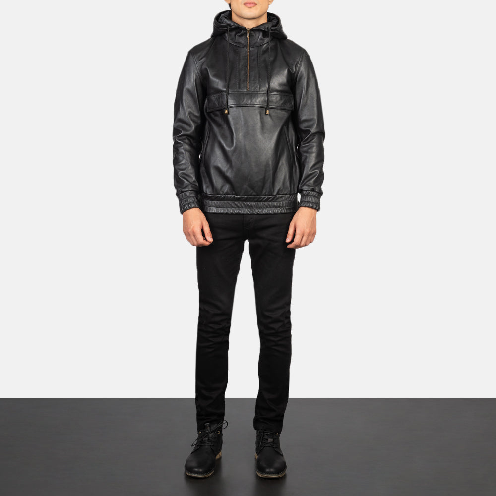 Kenton Hooded Black Leather Pullover Jacket