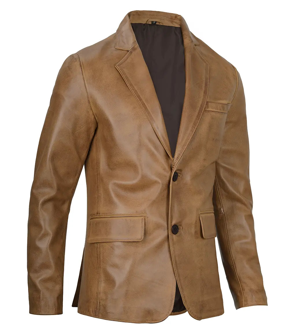 Mens Two Button Camel Brown Leather Blazer