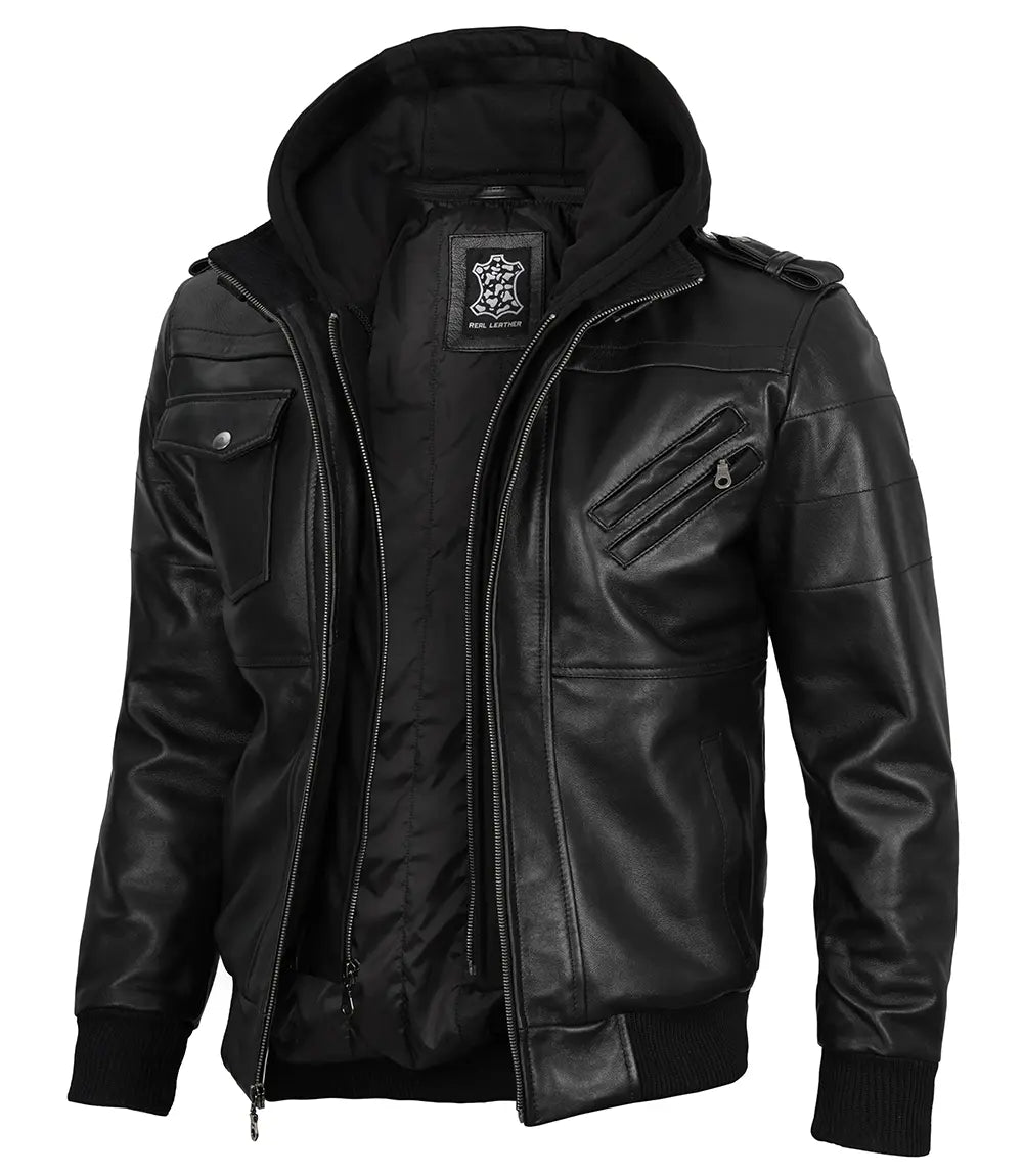 Edinburgh Mens Black Bomber Leather Jacket With Removable Hood