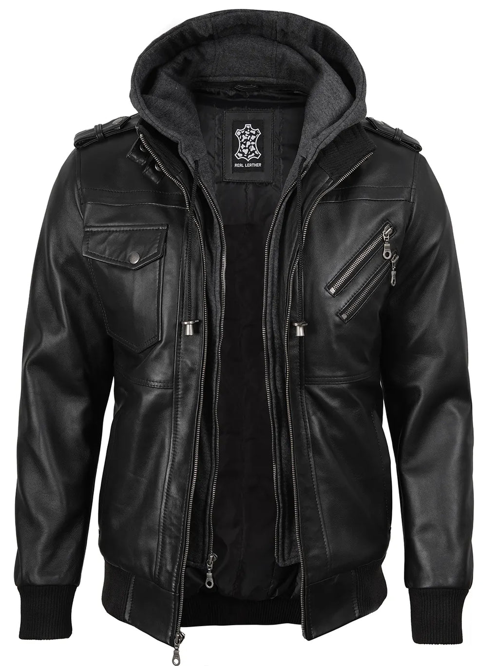 Men's Black Bomber Leather Jacket with Removable Hood