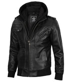 Edinburgh Mens Black Bomber Leather Jacket With Removable Hood