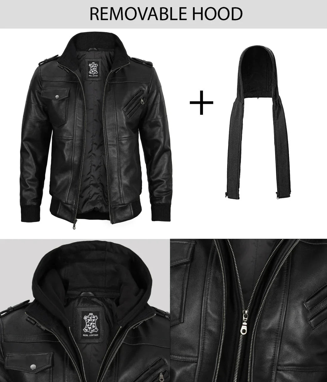 Edinburgh Mens Black Bomber Leather Jacket With Removable Hood