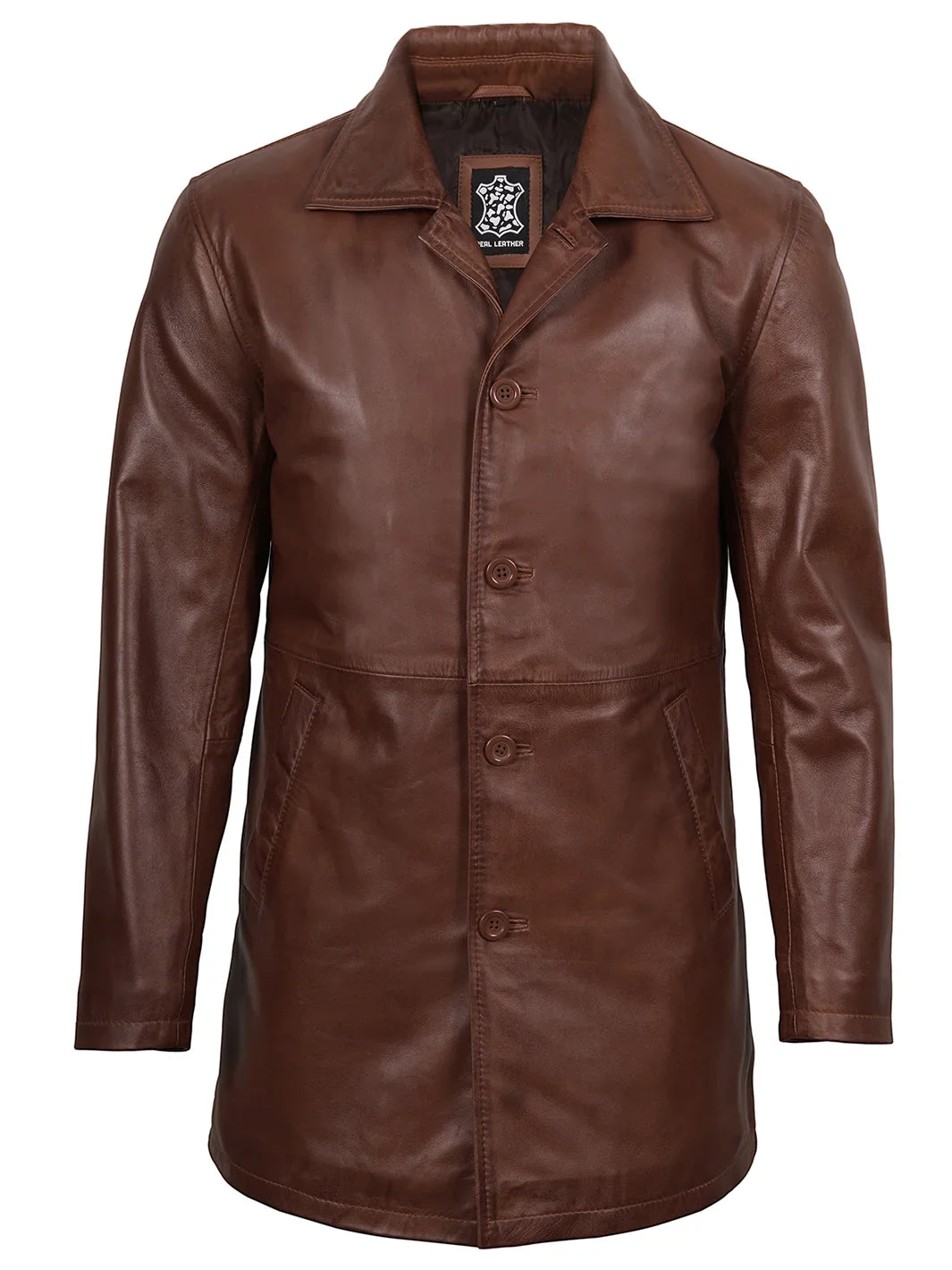 Mens Tan Brown 3/4 Length Leather Car Coat