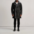 Charles Distressed Black Leather Shearling Double-Breasted Coat