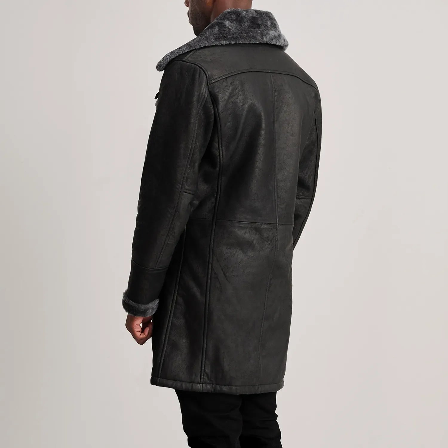 Charles Distressed Black Leather Shearling Double-Breasted Coat