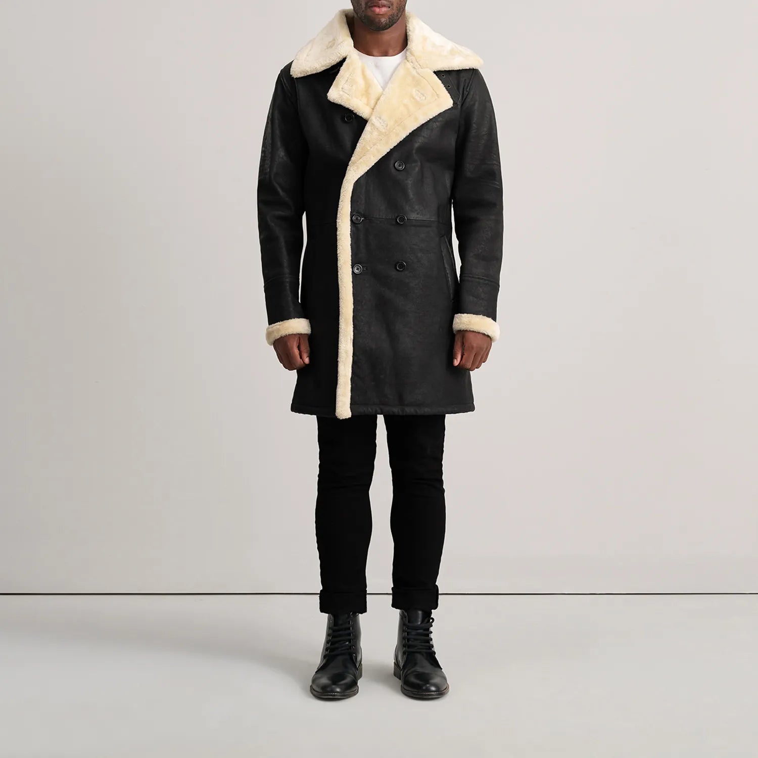 Charles Tumbled Black Leather Shearling Double-Breasted Coat