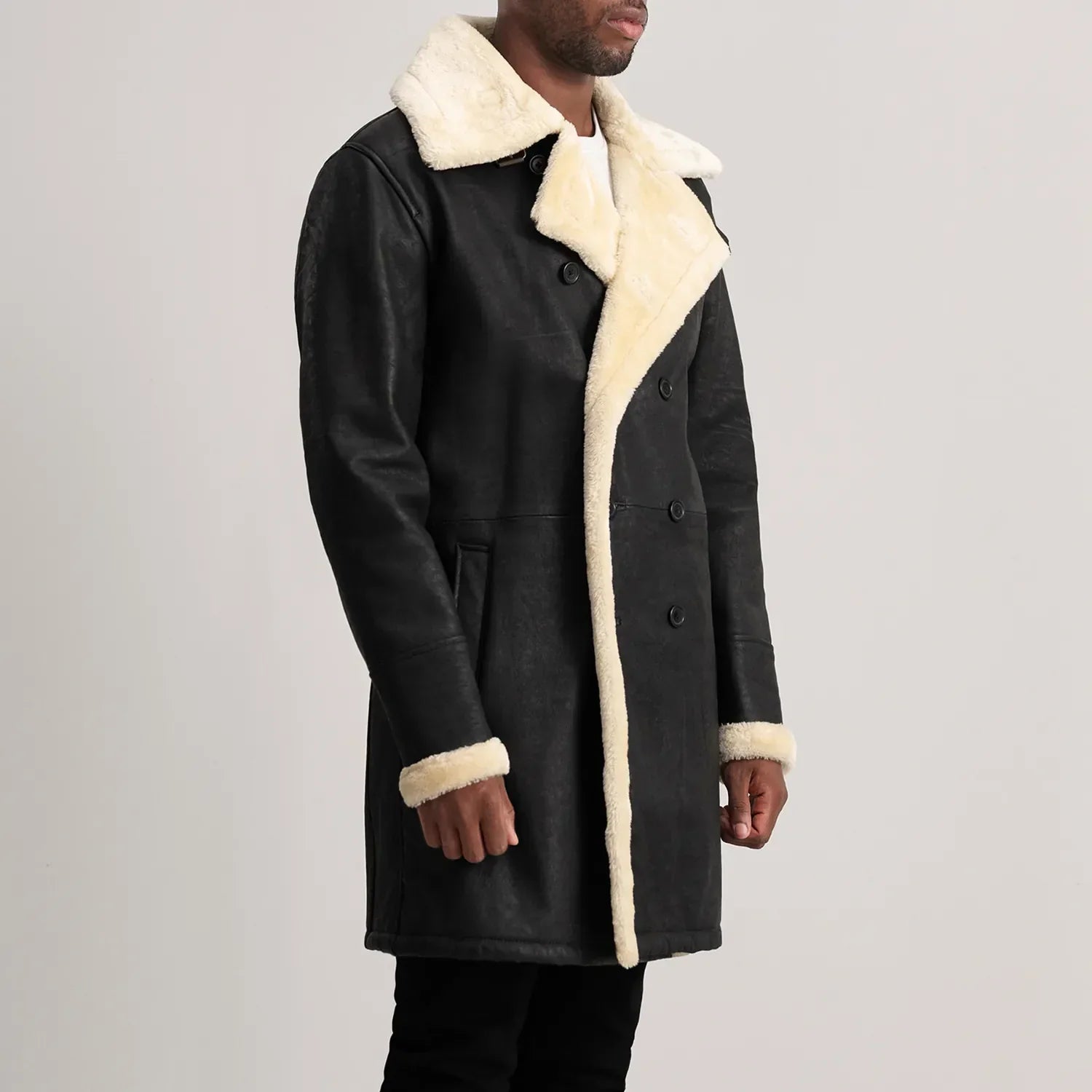 Charles Tumbled Black Leather Shearling Double-Breasted Coat