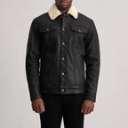 Dallis Distressed Black Leather Shearling Trucker Jacket