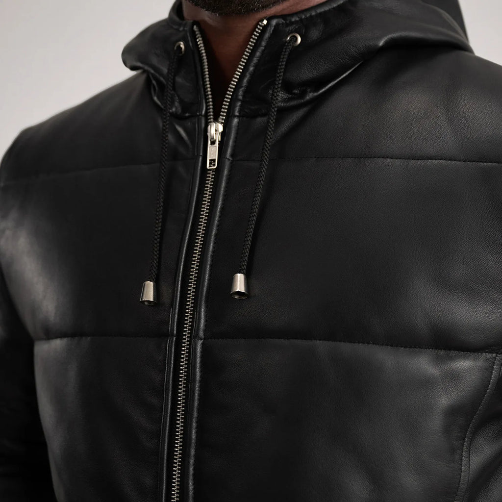 Floyd Black Hooded Leather Puffer Coat